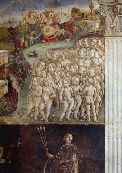 Allegori om mai måned, detalj om triumf av Apollo, nakne barn og ni muser detaljer freske av Francesco del Cossa (ca.1436-rundt 1478) Ferrara (Ferrara) Palazzo Schifanoia, Salone dei Mesi av Francesco del Cossa