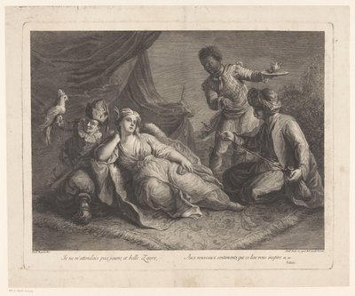 Kvinne liggende på et teppe Scener fra Voltaires skuespill Zaire (serietittel) av Francesco del Pedro