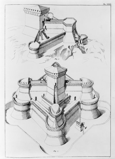 Festninger designet for å muliggjøre forsvar mot angrep fra alle retninger (litho) av Francesco di Giorgio (after) Martini