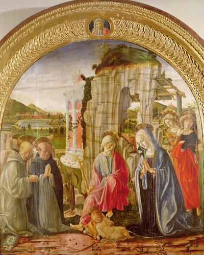 Tilbedelse av barnet av St. Ambrose og St. Bernard (olje på panel) av Francesco di Giorgio Martini