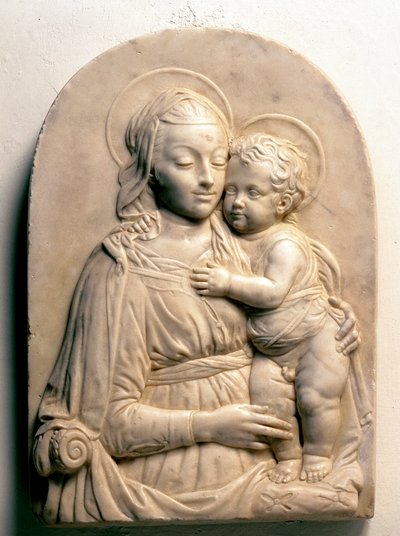 Jomfruen med barnet. Marmor lavrelieff av Francesco di Simone da Fiesole Ferrucci