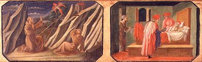 (LtoR) St. Frans av Assisi mottar stigmata, SS. Cosmas og Damian helbreder en syk mann; kopier av originale paneler som utgjør en del av Predella to the Madonna and Child Enthroned av Filippo Lipp av Francesco di Stefano Pesellino