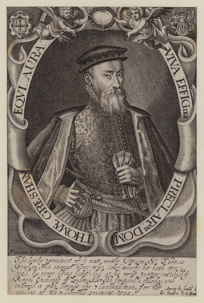 Sir Thomas Gresham , engelsk kjøpmann og finansmann, grunnlegger av Royal Exchange (gravering) av Francis (after) Delaram