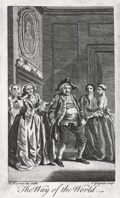 Scene fra The Way of the World, av William Congreve (1670-1729), gravering av Charles Grignon fra en tegning av Francis Hayman i Lincoln