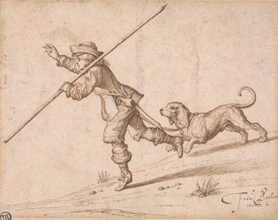 Mann på jakt med en spiss stav og en hund av Francis Barlow