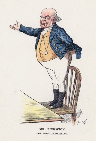 Mr Pickwick, Lord Chancellor (farge litho) av Francis Carruthers Gould