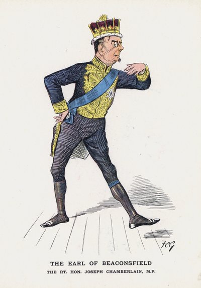 The Earl of Beaconsfield, The Rt Hon Joseph Chamberlain (farge litho) av Francis Carruthers Gould
