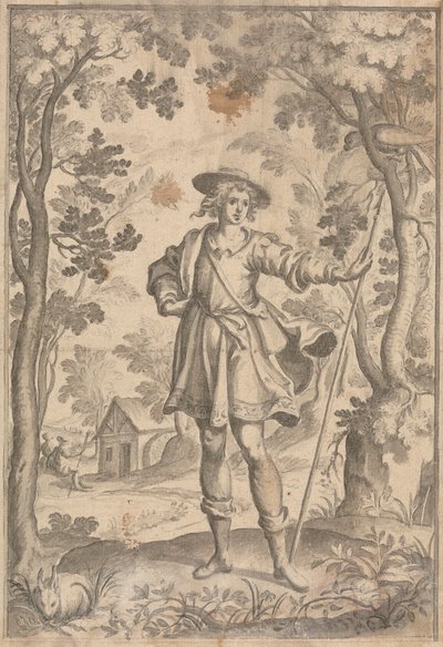 En jeger som holder et spyd i en skogsomgivelse av Francis Cleyn