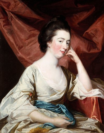 Portrett av en dame i hvit kjole og blått sash av Francis Cotes
