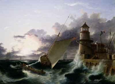 Båt ved et fyrtårn, en storm går av (olje på lerret) av Francis Danby