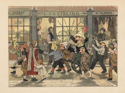 Fyrverkeributikk - Viktorianske barn som trekker en fyr i en vogn på Guy Fawkes-kvelden foran L. Squiblings fyrverkeributikk. Kromolitografi etter en illustrasjon av Francis Donkin Bedford fra Edward Verrall Lucas#39; The Book of Shops. av Francis Donkin Bedford