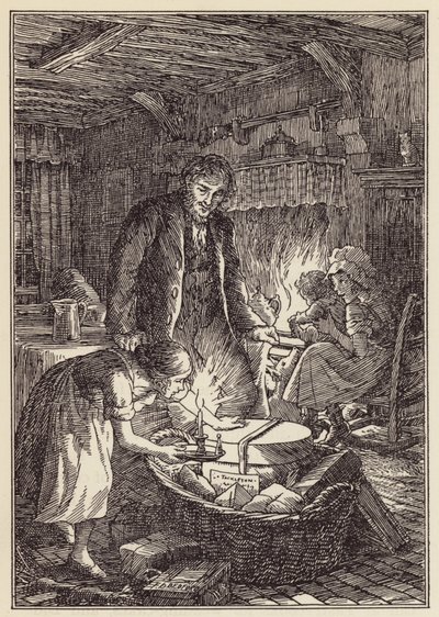 Illustrasjon til Sirissen på ildstedet av Charles Dickens (fargelitografi) av Francis Donkin Bedford
