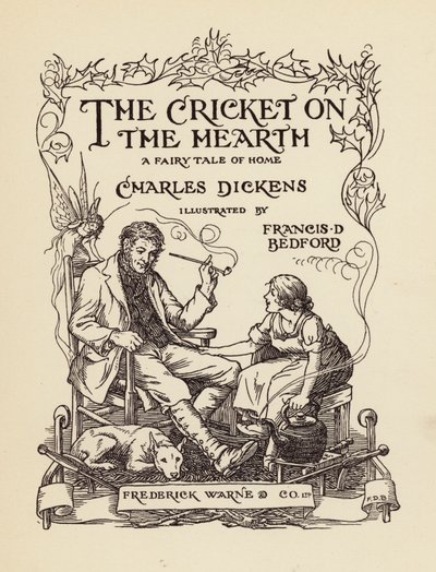 Illustrasjon av tittelsiden til The Cricket on the Hearth av Charles Dickens (fargelitografi) av Francis Donkin Bedford
