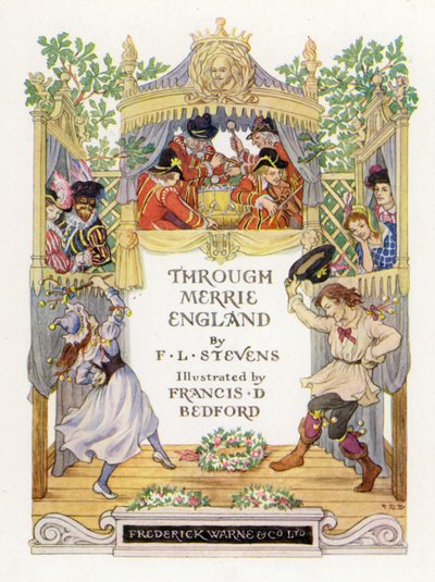Tittelsideillustrasjon for Through Merrie England (fargelitografi) av Francis Donkin Bedford