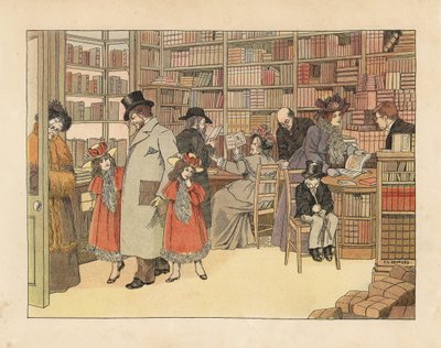 Viktorianske kunder i en bokhandel. Kromolitografi etter en illustrasjon av Francis Dorkin Bedford fra Edward Verrall Lucas#39; The Book of Shops, Grant Richards, London. av Francis Donkin Bedford