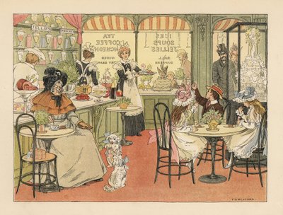 Viktorianske kunder i en tebutikk og konditorer. Kromolitografi etter en illustrasjon av Francis Donkin Bedford fra Edward Verrall Lucas#39; The Book of Shops. av Francis Donkin Bedford