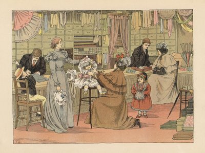 Viktorianske mødre og barn prøver hatter hos hattemakeren. Kromolitografi etter en illustrasjon av Francis Donkin Bedford fra Edward Verrall Lucas#39; The Book of Shops av Francis Donkin Bedford