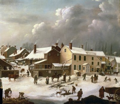 Vinterscene i Brooklyn, detalj av en gate og postkontoret, ca. 1817-20 (detalj av 84498) av Francis Guy