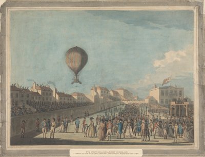 Den første ballongoppstigningen i England, september 1784, fra Artillery Ground, Moorfields av Francis Jukes