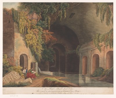 To kunstnere ved Nymphaeum of Egeria i Caffarella-parken nær Roma Utsikt over Egeria-fontenen nær Roma (tittel på objekt) av Francis Jukes