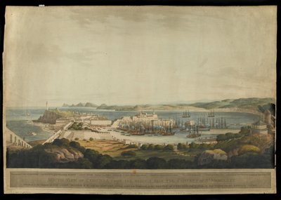 Sørutsikt over Corunna fra høyden nær klosteret St. Margaret, gravert av H. Merke, utgitt i 1809 (farget akvatint) av Francis Lee