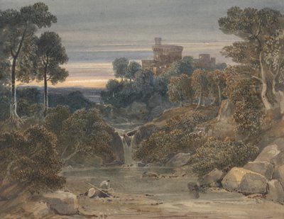 Landskap med slott, foss og bekk i forgrunnen av Francis Oliver Finch