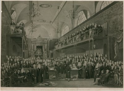 Utsikt over det indre av House of Lords under den viktige etterforskningen i 1820 (gravering) av Francis Phillip (after) Stephanoff