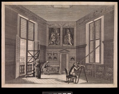 Tre figurer som bruker astronomisk utstyr i Great Star Room eller Octagon Room, som det er kjent i dag, ved Royal Observatory, ca. 1676 (gravering) av Francis Place