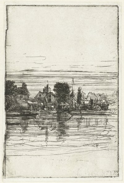 Landsby ved vannet Thames side av Francis Seymour Haden (Sir) (signed by artist)