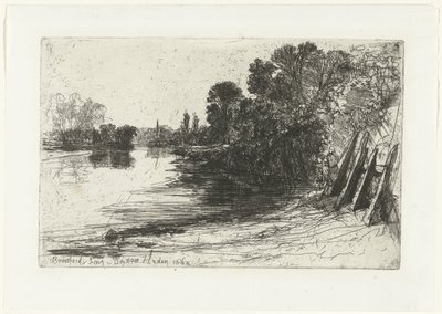 Bank of the Thames ved Brentford Brentford Ferry (tittel på objekt) av Francis Seymour Haden (Sir) (signed by artist)