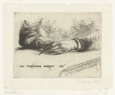 To hender, tegner med kritt. Hender som holder en fargestift Hic Terminus Haeret (tittel på objekt) av Francis Seymour Haden (Sir) (signed by artist)