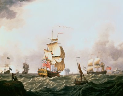 En rød skvadrons flaggskip annonserer sin ankomst (olje) av Francis Swaine