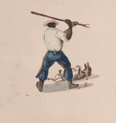 En mann sett bakfra som slår en hund med en pinne, fra en gruppe tegninger som viser..., ca. 1848 av Francisco