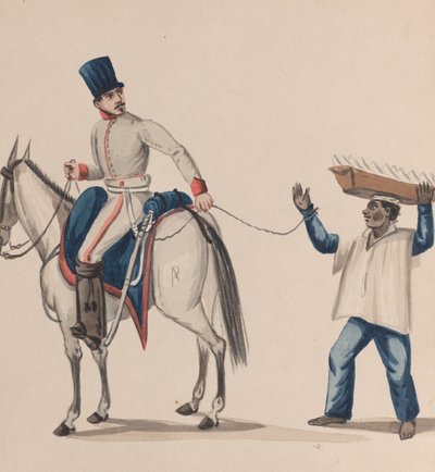 En soldat på hesteryggen holder et tau som sikrer en urfolksslave som balanserer en tallerken..., ca. 184 av Francisco