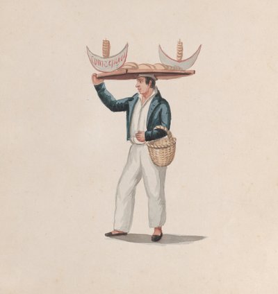 En tortillaleverandør som balanserer et brett på hodet, fra en gruppe tegninger som viser peruansk..., ca. av Francisco