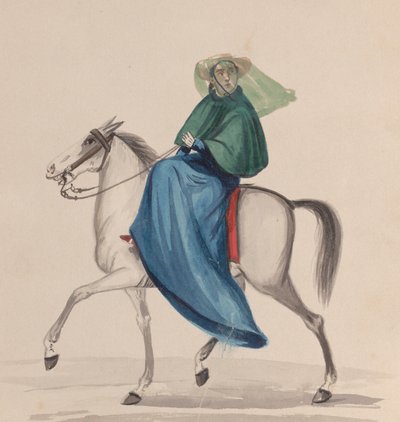 En elegant kledd kvinne på hesteryggen, fra en gruppe tegninger som viser peruansk..., ca. 1848. av Francisco
