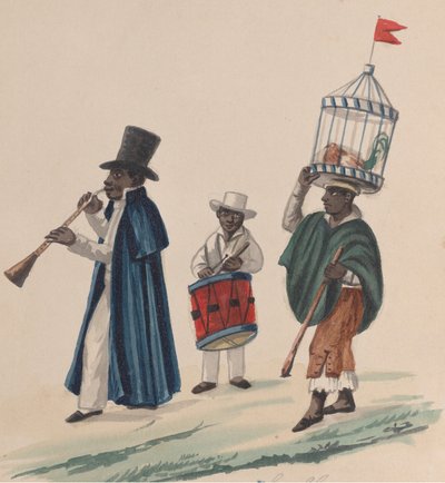 To musikere og en mann bærer på hodet en hane i bur, fra en gruppe på..., ca. 1848. av Francisco