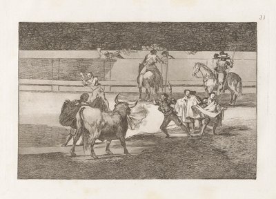 Banderillas de Fuego (banderillas with firecrackers), plate 31 fra tyrefekting av Francisco de Goya