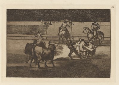 Fire Banderillas (Banderillas with Firecrackers), Plate 31 fra Bullfighting av Francisco de Goya