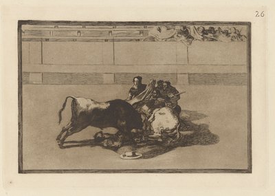 Fall av en picador fra hesten hans under oksen (A Picador is Unhorsed and Falls Under the Bull), Plate 26 fra La tauromaquia av Francisco de Goya