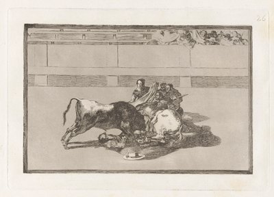 Caida de un picador de su caballo bajo del toro (En Picador er unhorsed og faller under oksen), plate 26 fra La tauromaquia av Francisco de Goya