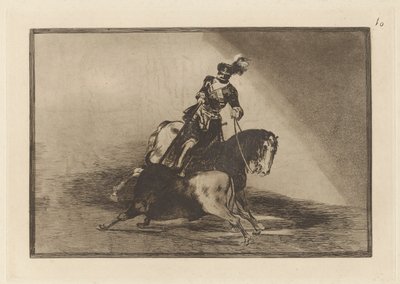 Carlos V. Spearing a Bull in the Plaza de Valladolid (Charles V. Spearing a Bull in the Ring at Valladolid), Plate 10 fra La tauromaquia av Francisco de Goya