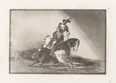 Carlos V. lanceando un toro en la plaza de Valladolid (Charles V spyder en okse i ringen ved Valladolid), plate 10 fra La tauromaquia av Francisco de Goya