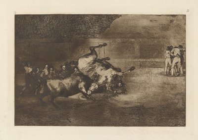 Hest kastet av en okse, plate B fra La tauromaquia (tredje utgave) av Francisco de Goya