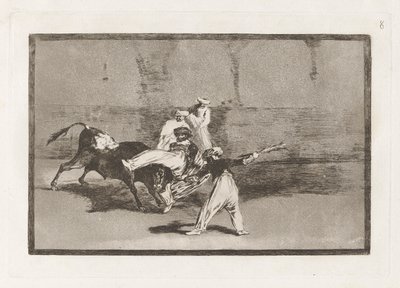 Cogida de un moro estando en la plaza (En maur fanget av oksen i ringen), plate 8 fra La tauromaquia av Francisco de Goya