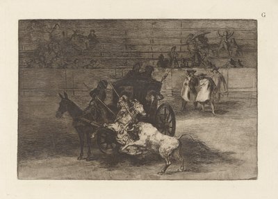 Kjemp i en vogn trukket til to muldyr, plate G fra La tauromaquia (tredje utgave) av Francisco de Goya
