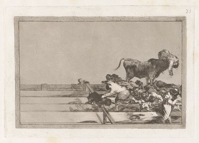 Ulykker som skjedde under leggingen av Madrid-plassen, og døden til borgermesteren i Torrejon (Fryktelige hendelser i ringens fremste rader i Madrid og Borgmesterens død), Plate 21 fra La tauromaquia av Francisco de Goya