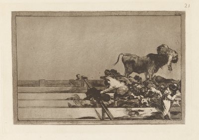 Ulykker som skjedde under leggingen av Madrid-plassen, og døden til borgermesteren i Torrej?n (Fryktelige hendelser i de forreste radene av ringen i Madrid og Death of the Mayor of Torrej?n), Plate 21 fra La tauromaquia av Francisco de Goya