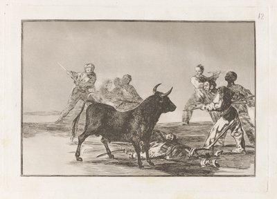 The Rabble Hamstring oksen med lanser, sigder, banderillas og andre armer, tallerken 12 fra La tauromaquia av Francisco de Goya