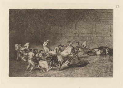 To lag med Picadorer kastet etter hverandre av en enkelt okse, plate 32 fra La tauromaquia av Francisco de Goya